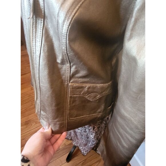 Bronze Metallic Leather Biker Jacket MIXIT L  Zipper Collar Pockets Glam - Picture 7 of 12